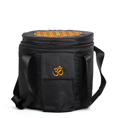 This is a cylindrical carrying case specifically designed for crystal singing bowls, made from black fabric. The front of the bag features an orange embroidered 